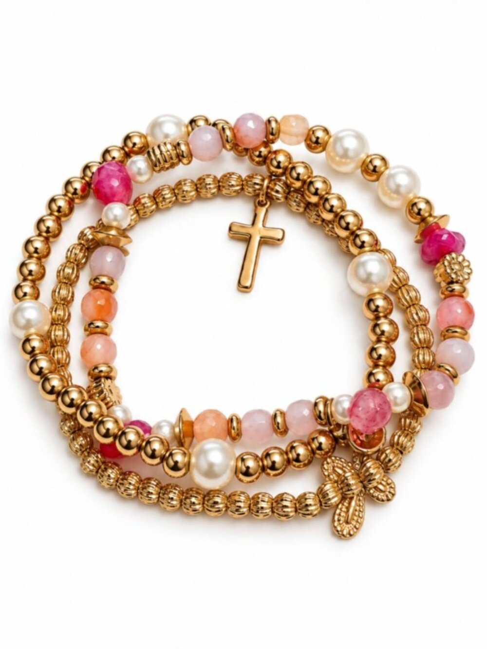 Pink & Gold Tone Beaded Stretch Bracelet Set with Faux Pearls & Cross Charms